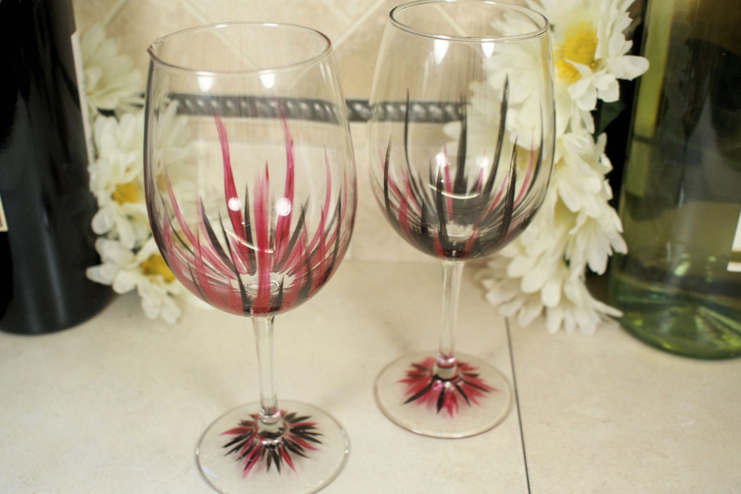 Handpainted Wine Glasses Red Black Blood. Wedding Gift