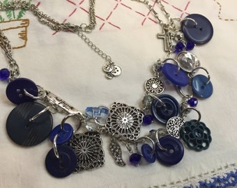 Vintage Blue Button Necklace w/Charms