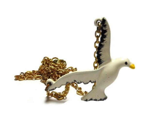 FREE SHIPPING White seagull necklace pendant, white enamel seagull with gold tone chain, yellow beak and black fringe on ends of feathers