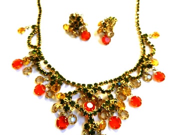 Vintage Drippy Rhinestone Necklace and Earrings 1950s