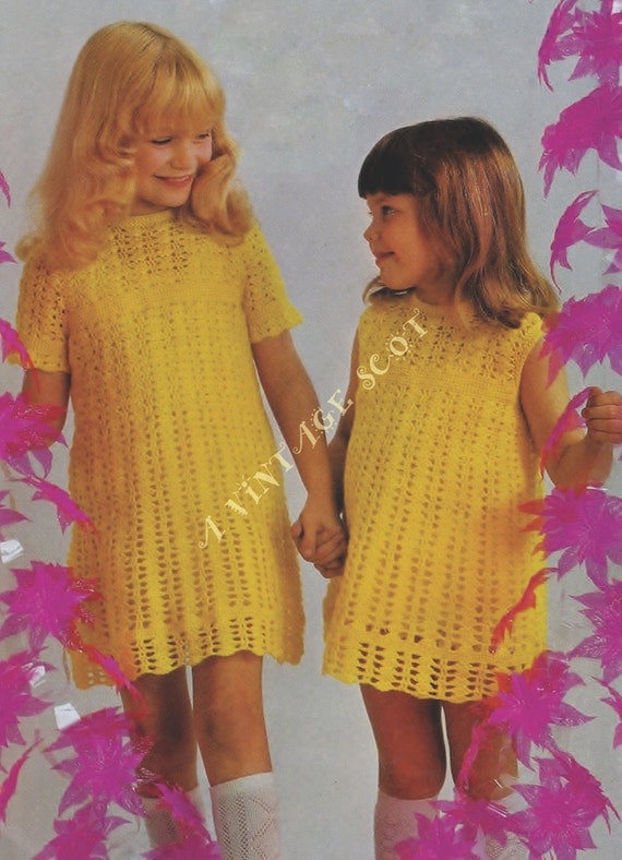 Girl's Crochet Lacy Dress 2 sleeve style optional instructions for 4ply in sizes  24 - 30 ins - PDF of Vintage Crochet Patterns