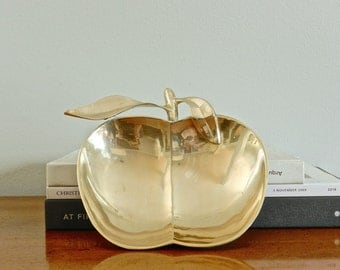 Vintage Brass Apple Dish Tray New York Big Apple Gold Metal Fall Decor