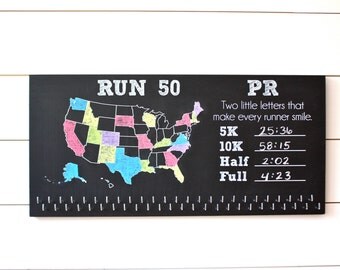 Run 50 States Medal Holder with PR Running Times list and 50 hooks onChalkboard