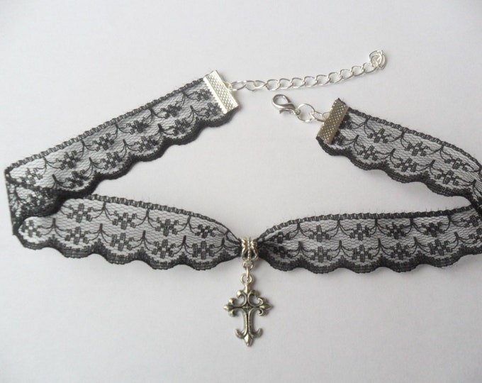 Black lace choker necklace with silver tone cross pendant, Ribbon Choker Necklace