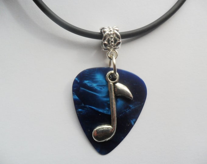 Dark Blue Guitar pick necklace with music note charm and adjustable cord