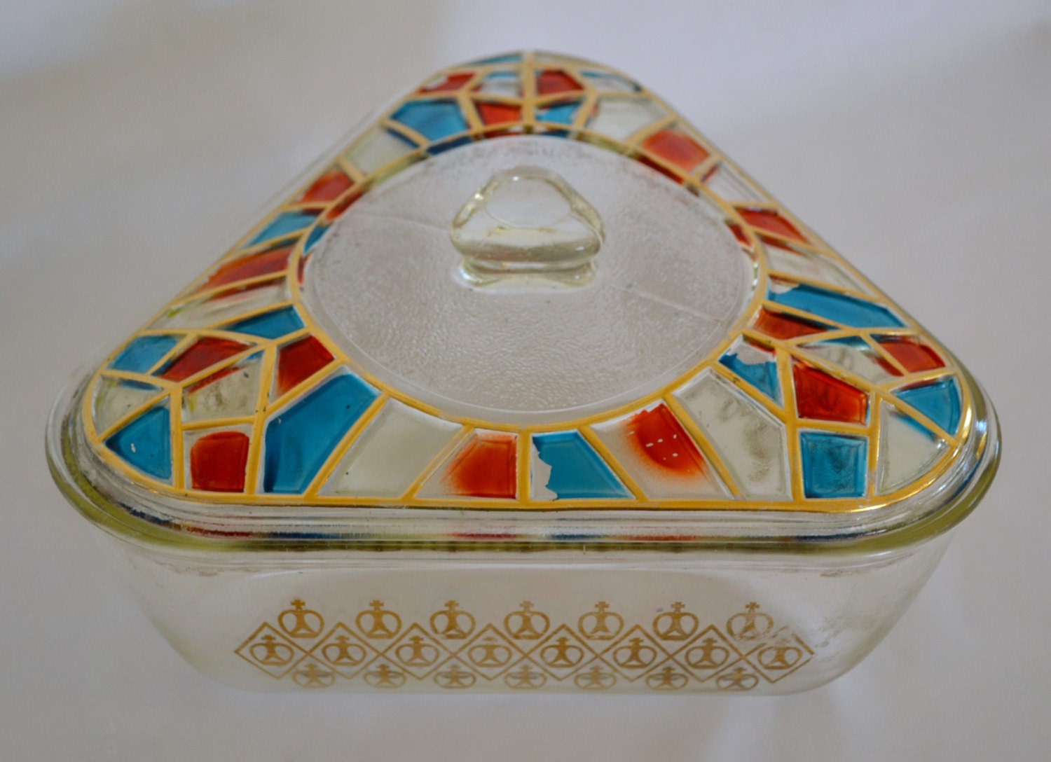 Inland Glass Covered Casserole Dish Triangle Shape With