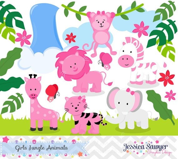 INSTANT DOWNLOAD, girls Jungle Animal Clipart and Vectors for Jungle Party. Personal and Commercial Use Il_570xn