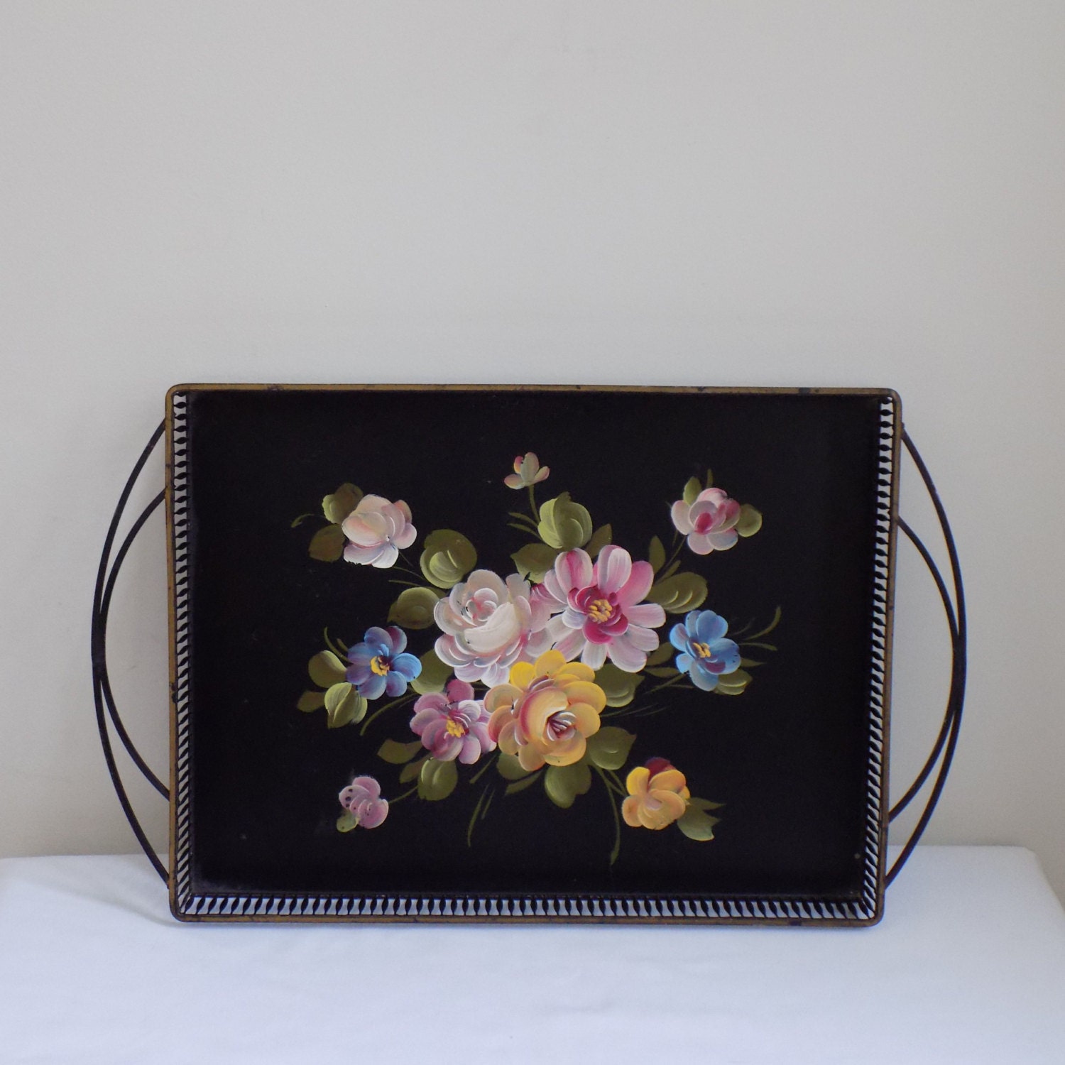Vintage Hand Painted Black Metal Serving Tray Handles Raised