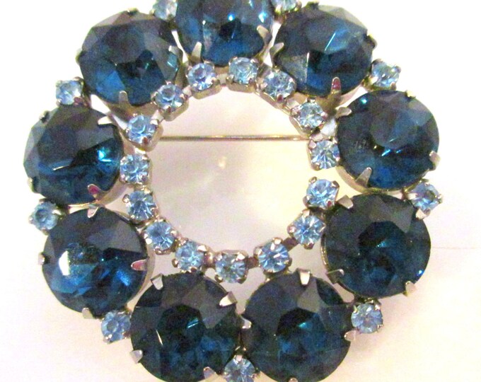 Blue Rhinestone Wreath Brooch - mid century - light and dark blue Crystal Round pin