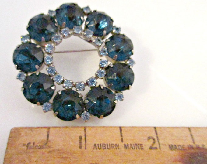 Blue Rhinestone Wreath Brooch - mid century - light and dark blue Crystal Round pin