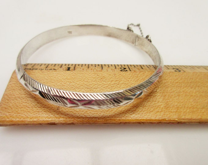 Sterling Silver Bracelet - Hinge Bangle - etched floral design - safety chain