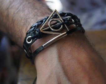 FREE SHIPPING - Deathly sign Men's Bracelet, Leather Men Bracelet, Men's Leather Bracelet, bracelet. leather illuminati