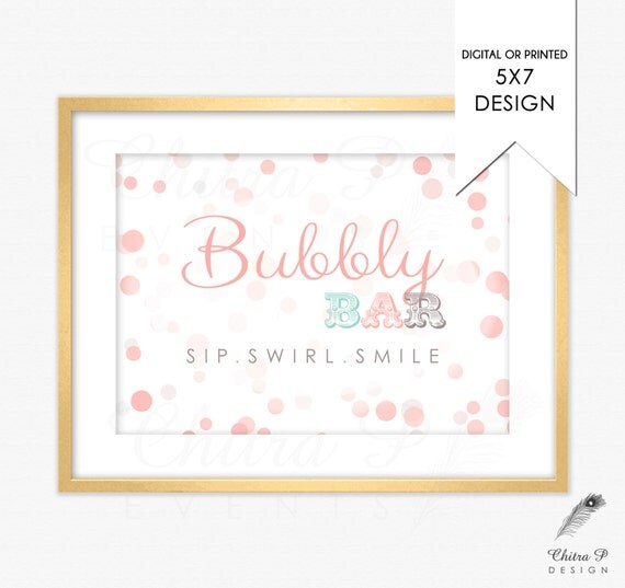 5x7 Bubbly Bar Sign - Printed or Printable, Coral Pink Mint Green Grey Ready to pop Baby Shower Bridal Champagne Mimosa Wedding - #007 Il_570xn