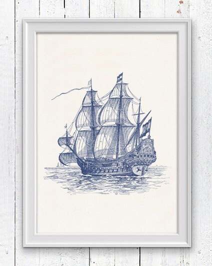The great old Ship in blue Old Ship Poster sea life