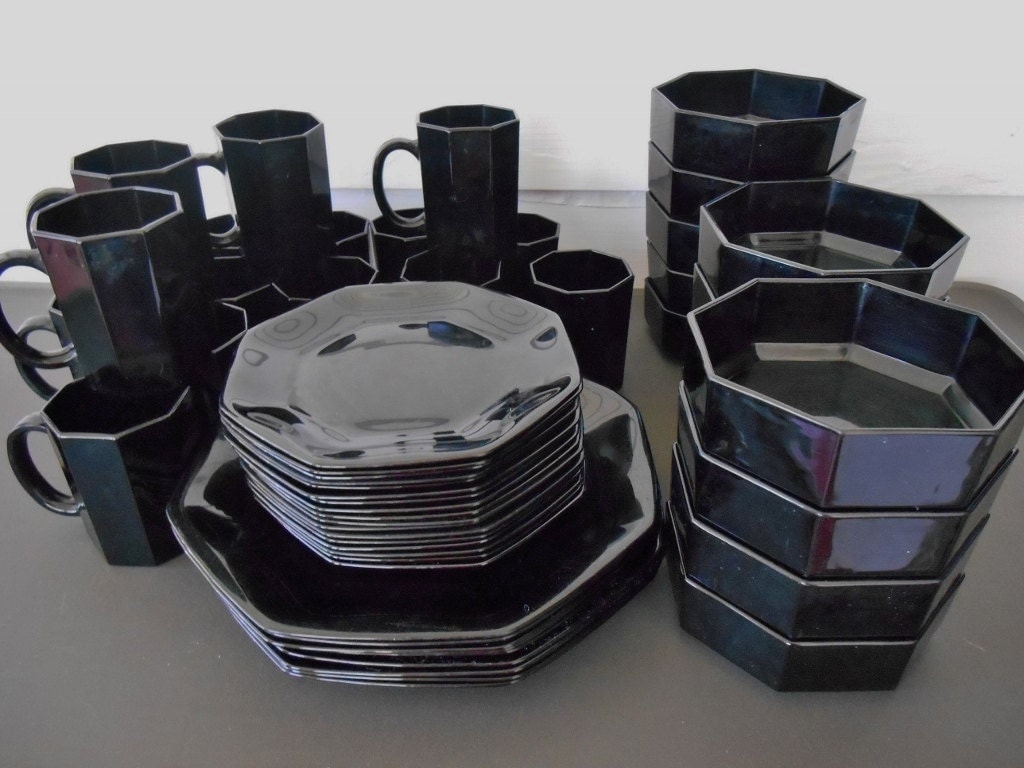 Arcoroc France Black Octagon Dishes Coffee Cups by dabubblegumgirl