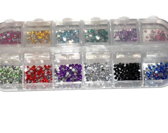 Nail Art Rhinestones / Gems Size 6ss 2mm - Case Included - 12 Slot Nail Case - Round Gems in 12 colors