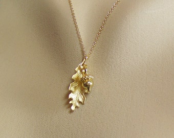 Gold Acorn Necklace, Gold Oak Leaf Necklace, Acorn and Oak Leaf Necklace, Leaf Necklace, Nut Necklace, Good Luck Necklace,Gold Leaf Necklace