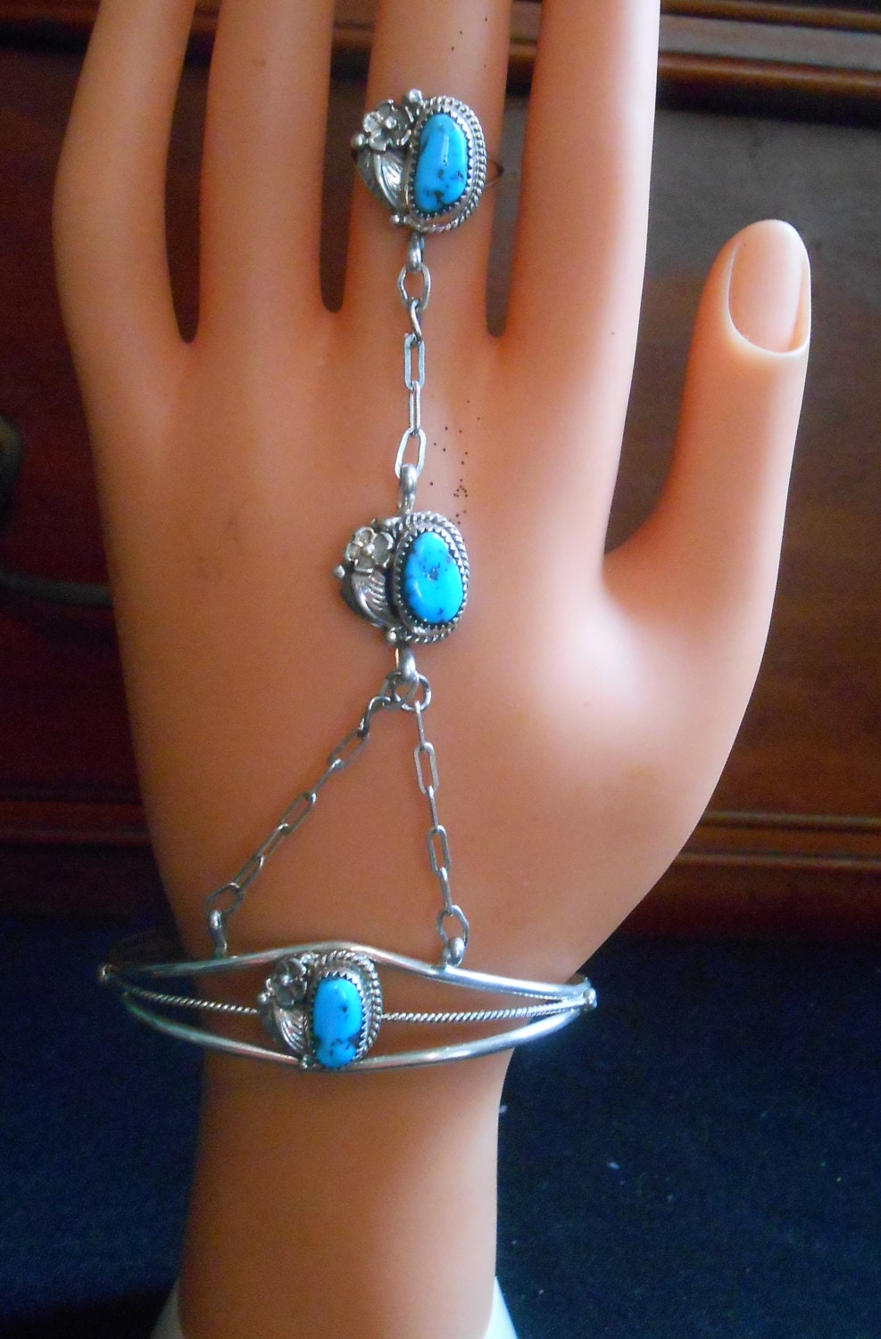 Upcycled Turquoise Slave Bracelet Sterling Silver Ring Hand