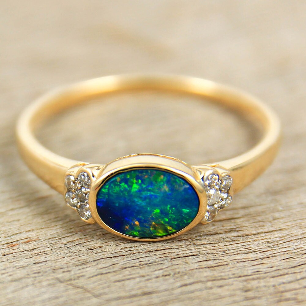 Black Opal & Diamond Engagement Wedding Ring 14K Gold Natural