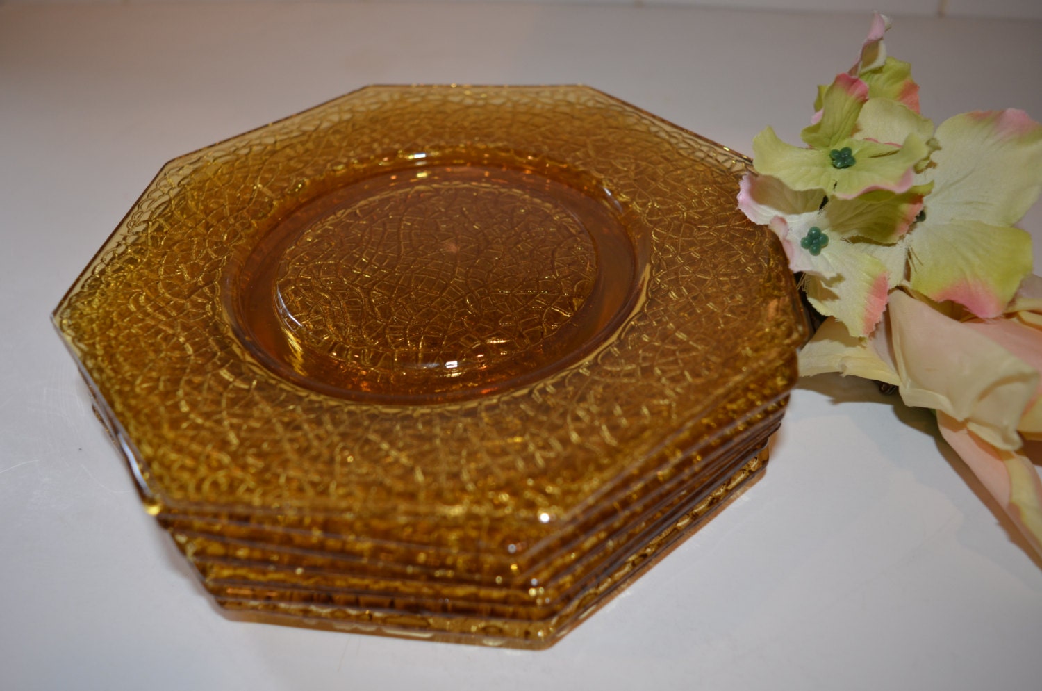 Vintage L E Smith “By Cracky” Hexagonal 7″ Dessert Plates Set of 7