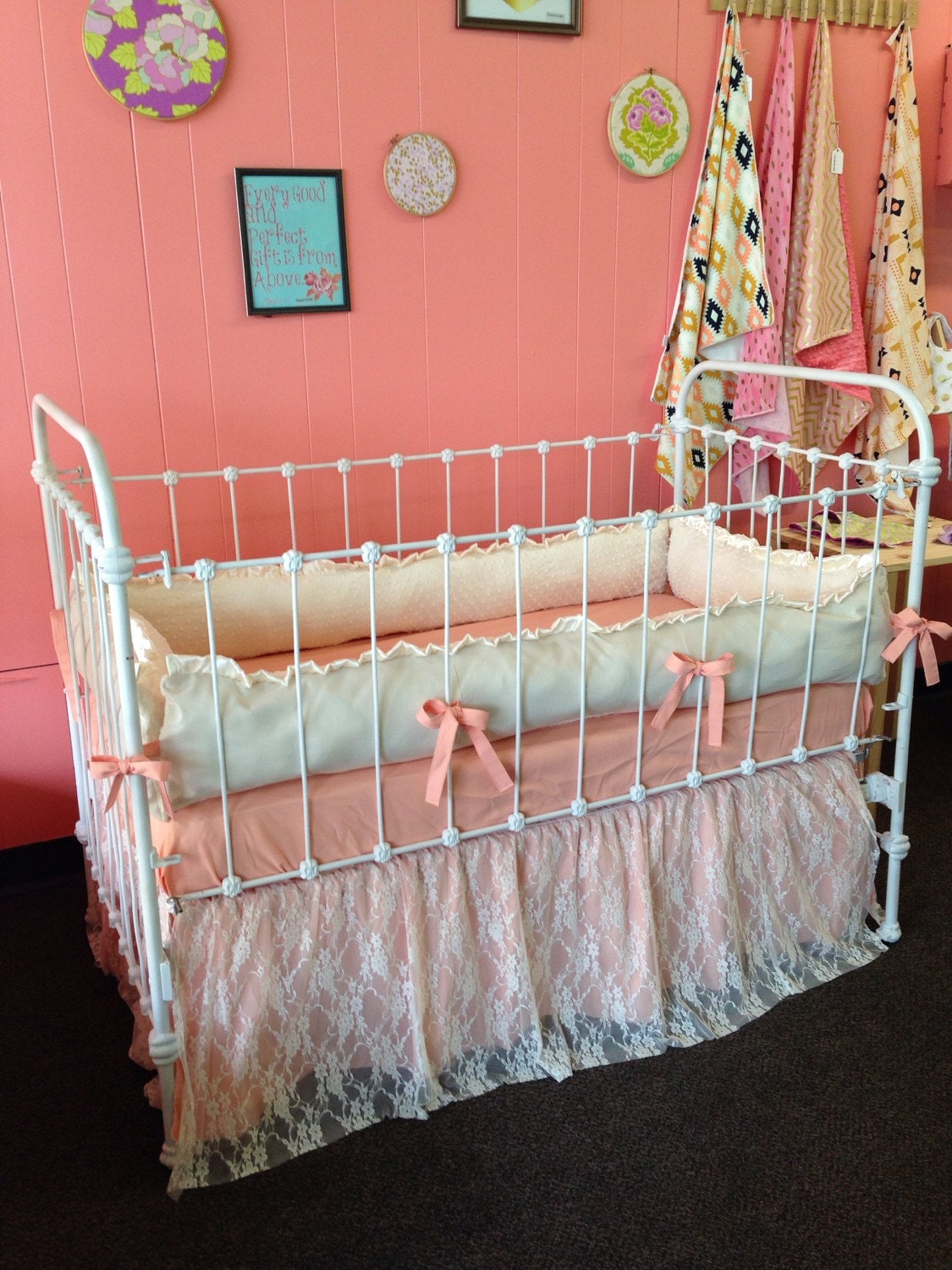 Peaches and Cream Lace Baby Crib Bedding Ruffled Lace Crib