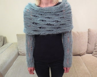 Mohair sea green eton blue long sleeves lace scarf sweater shrug wrap cowl top neckwarmer shoulderwarmer