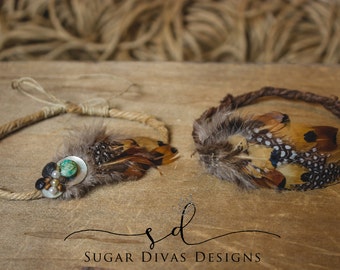 TWIN SET Indian Native American Inspired photo prop, feather headband, newborn tieback, feather crown halo, organic newborn props, twin prop