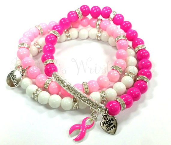 Breast Cancer Beaded Bracelet Set Pink Ribbon Cancer 9496