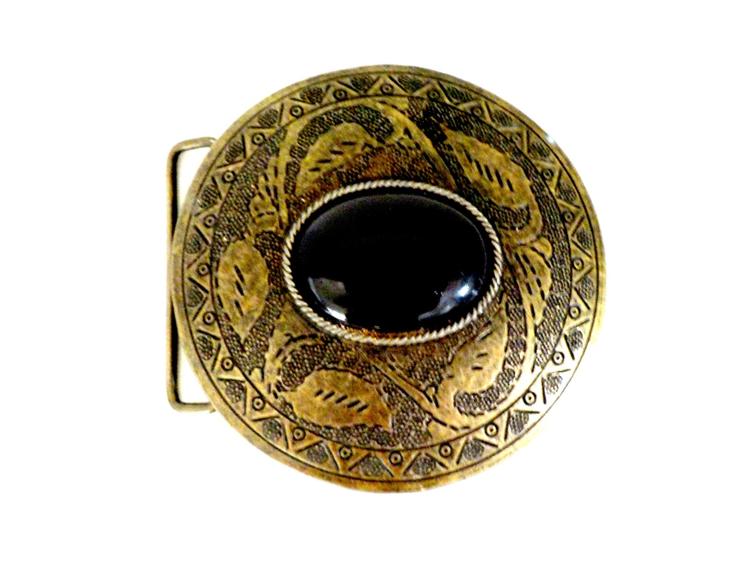 Vintage Belt Buckle Round Etched Brass Black by TheVintagePorch