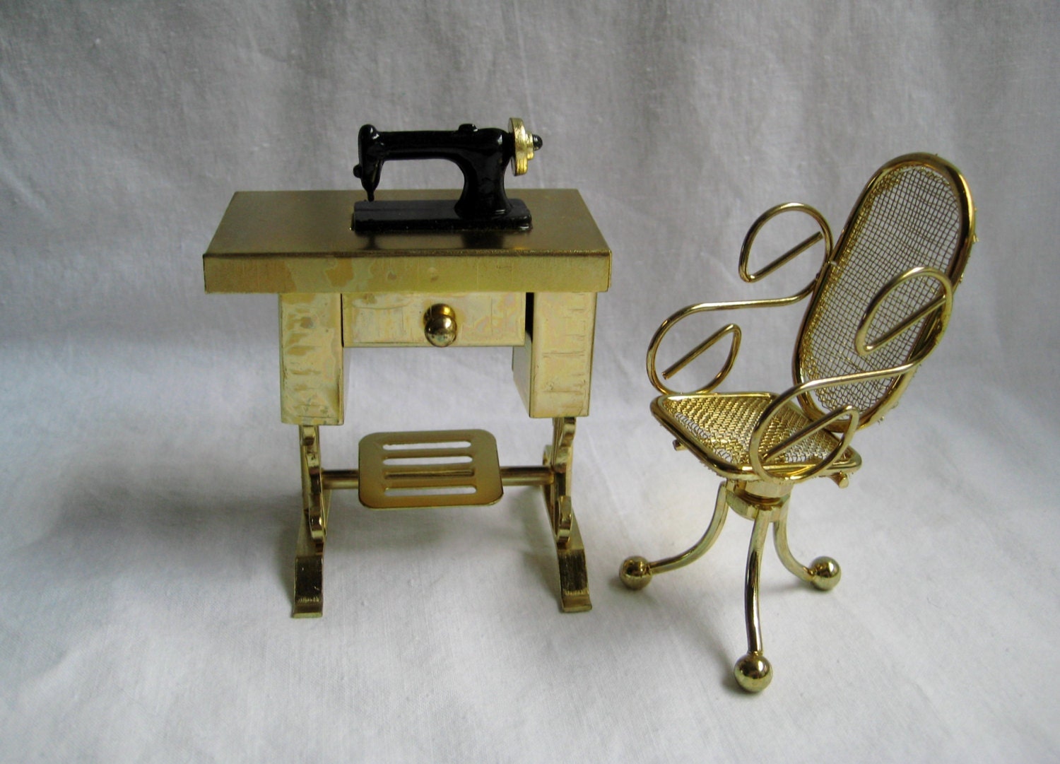 Vintage Brass Miniature Dollhouse Furniture Sewing Machine Chair Clean ...