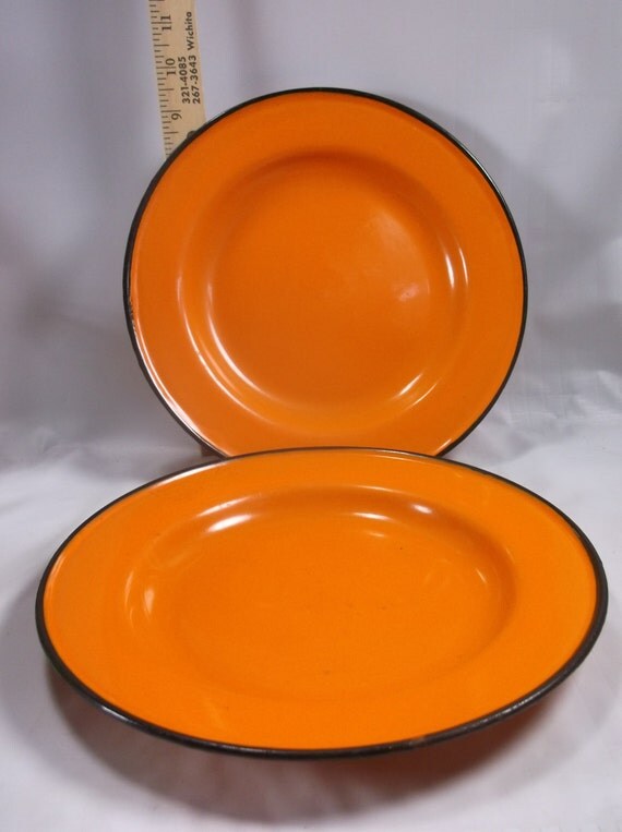 2 Bright Orange Vintage Enamelware Plates Made In