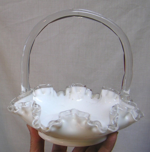 Lovely Vintage Milk Glass Basket with Clear Glass Handle and