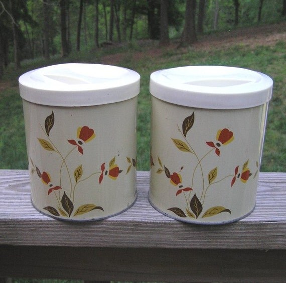 2 Jewel Tea Autumn Leaf Aluminum Kitchen Canisters with Lids