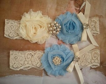 Wedding Garter, Bridal Garter, Garter - Something Blue Garter Set with Pearl & Rhinestone - Style G2002