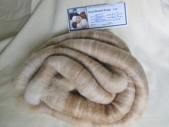 2.0 oz Hand Blended Rolags - All Natural Medium Fawn Alpaca blended w/ All Natural Light Fawn and All Natural White Alpaca