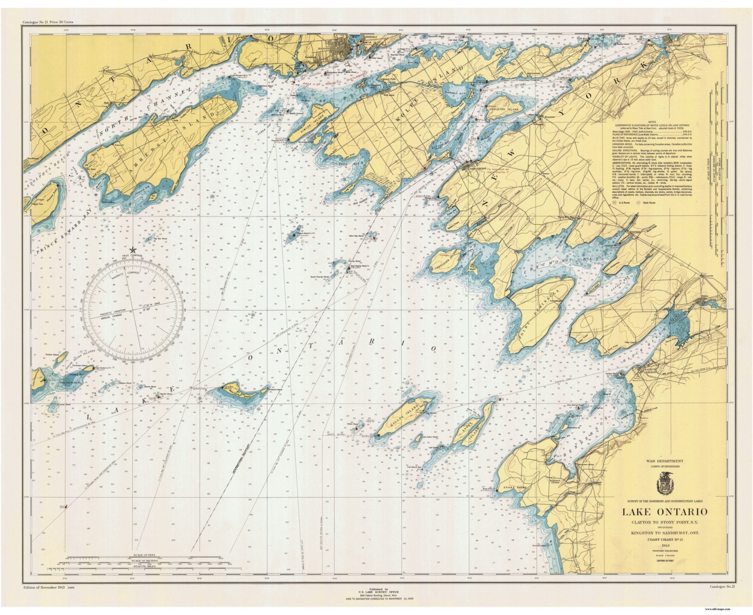 Clayton to Stony Point NY 1943 Nautical Map Lake Ontario