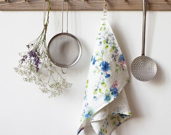 White Flower Stone Washed Linen Tea Towel