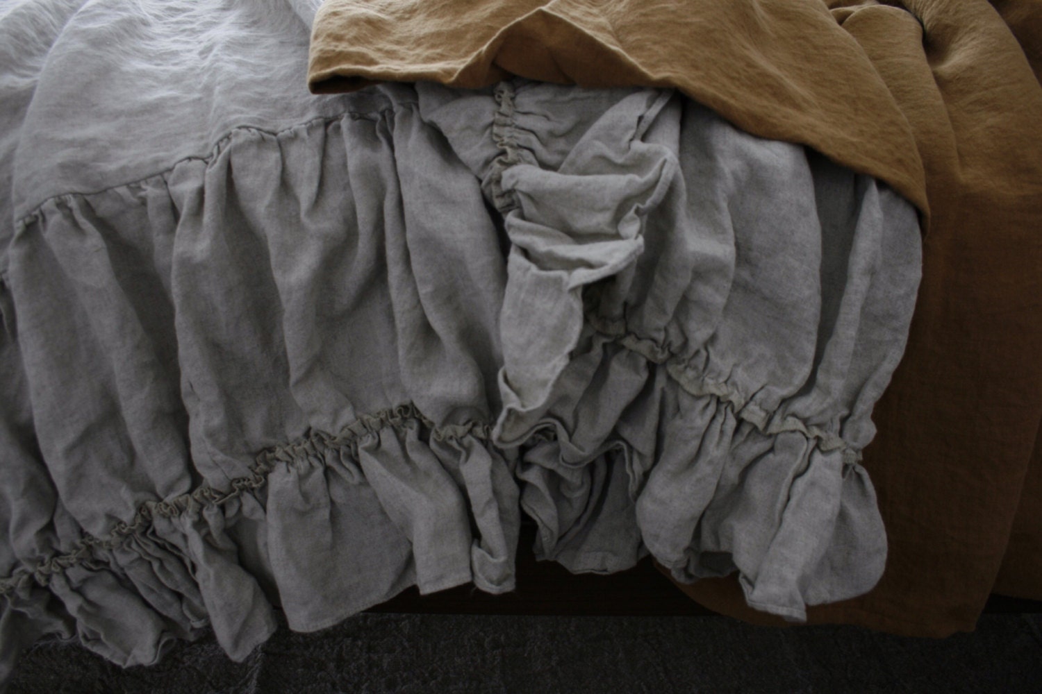 LINEN COVERLET with two ruffles. Linen bedspread dust ruffle.