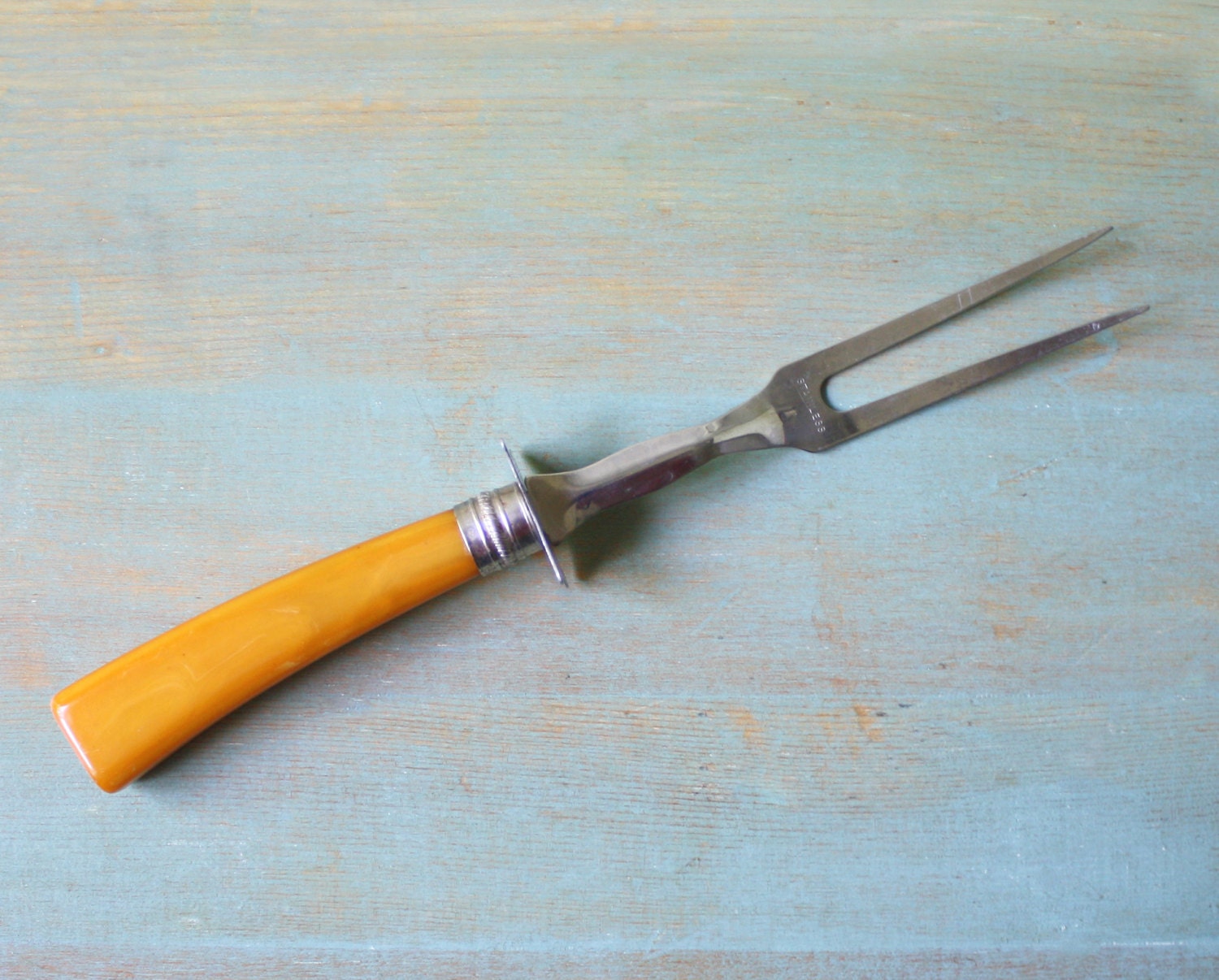Vintage Stainless Steel Carving Fork with Lucite, Celluloid, Bakelite
