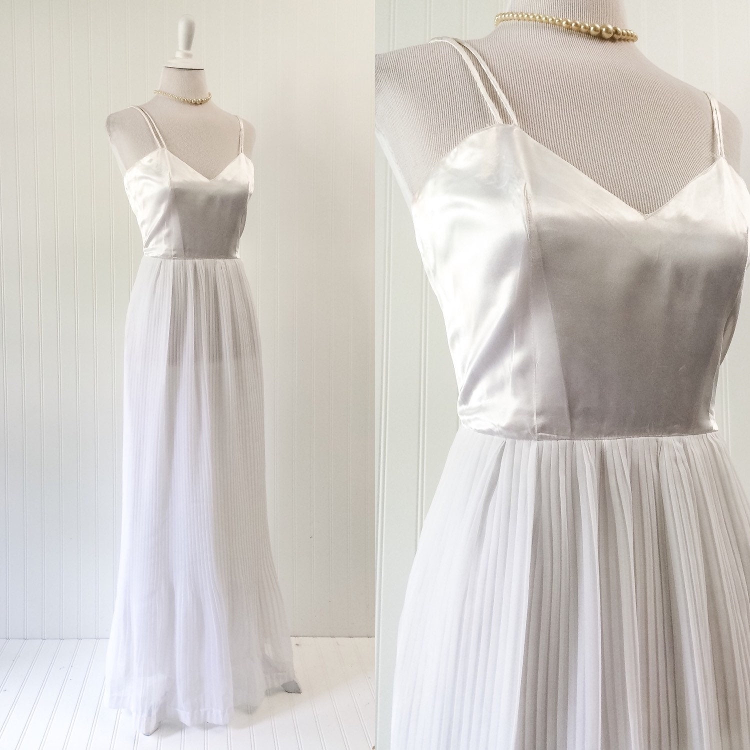 1960s vintage white satin & chiffon wedding maxi dress gown