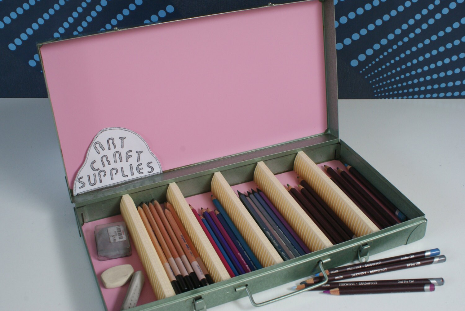 Upcycled industrial storage box, metal storage box, art supplies box