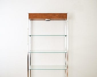 Mid Century Shelving, Etagere, Mid Century Modern Glass, Metal & Wood Etagere Shelving Unit with Spotlight, Vintage