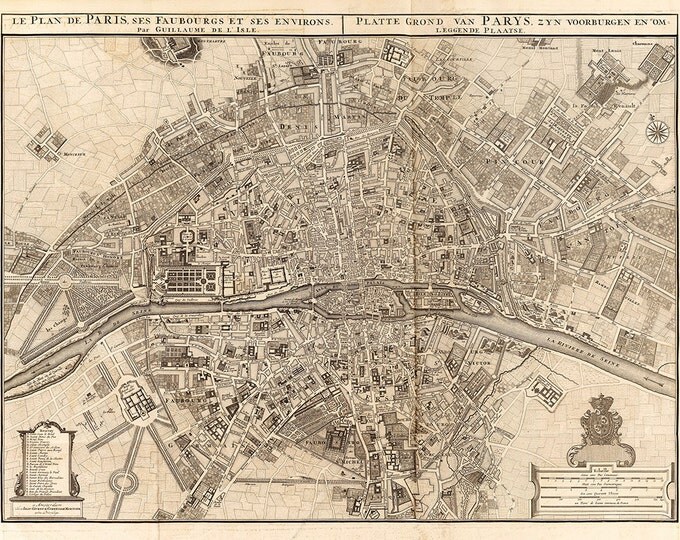 Vintage Map of Paris 1742 Old Map of Paris France Restoration Hardware style Map Plan de Paris Fine art Print Wall Map Home Decor Decorative