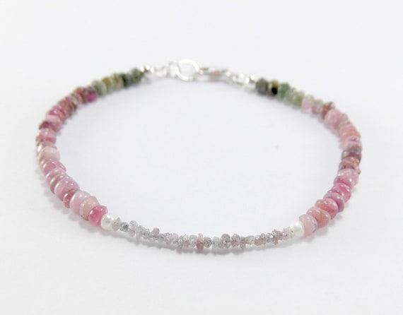 Rough Pink Diamond Bracelet, Raw Natural Diamond Jewelry, Watermelon Tourmaline Gemstone Bracelet, Birthstone Bracelet, Pink Bracelet