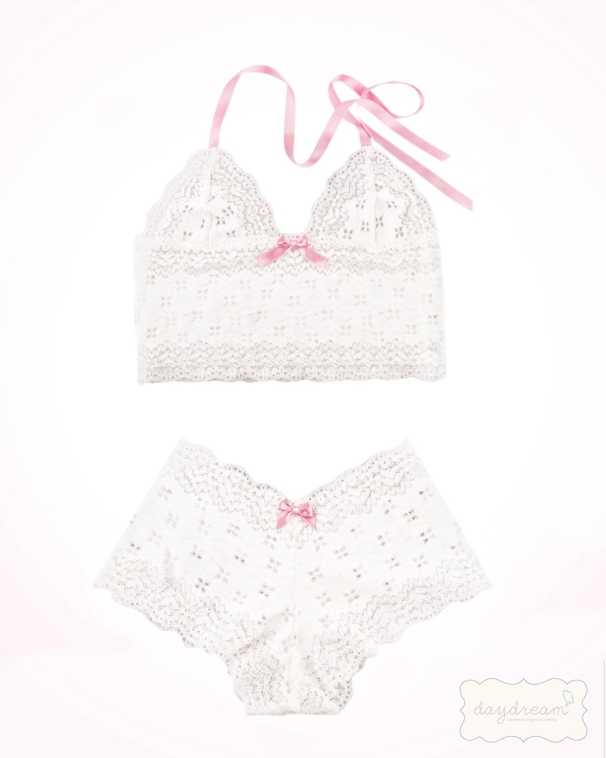 lace cheeky boyshorts and soft bralette set with satin halter