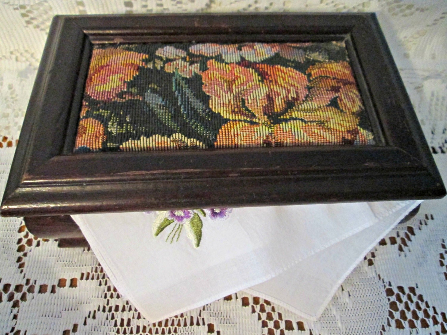 Embroidered Wooden Jewelry Box Mirrored Wood / Rustic Decor