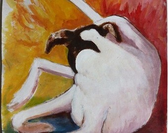 Dog painting, original acrylic painting, primary colors, black and white dog, pet art, Gina 1 by Cosé Manzano