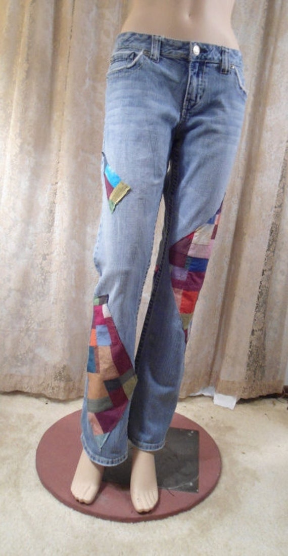 Patchwork Jeans Upcycled Clothing Hippie Clothes Patched Blue