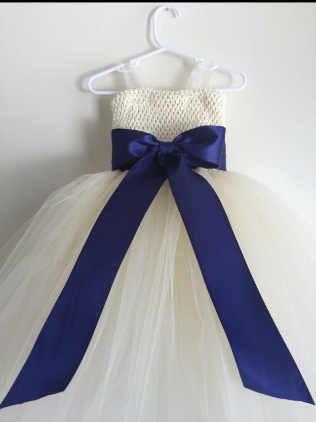 Tulle flower girl dress with sewn ribbon straps Ivory & Navy