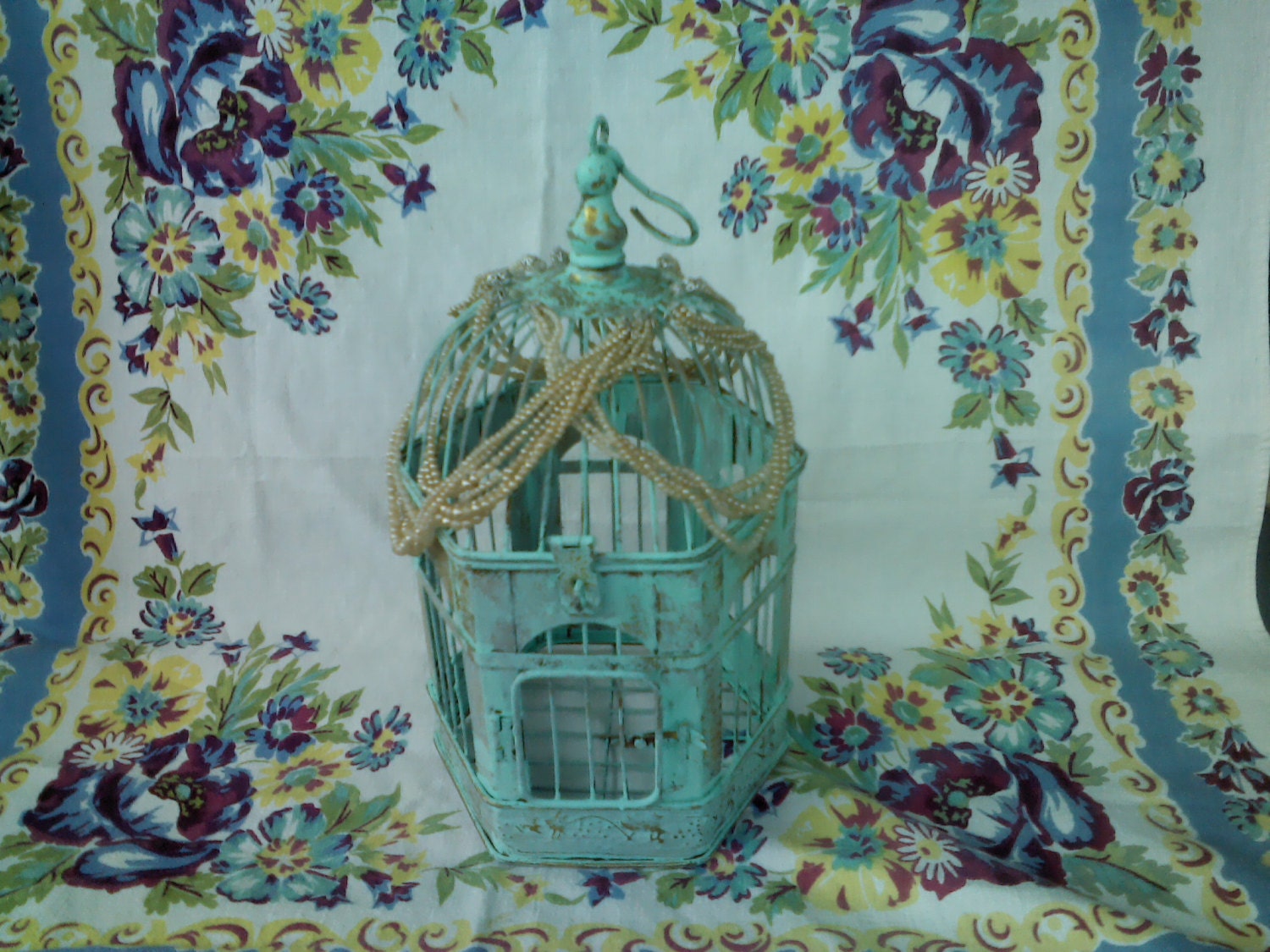 aqua teal decorative bird cage gold shabby chic pearls home